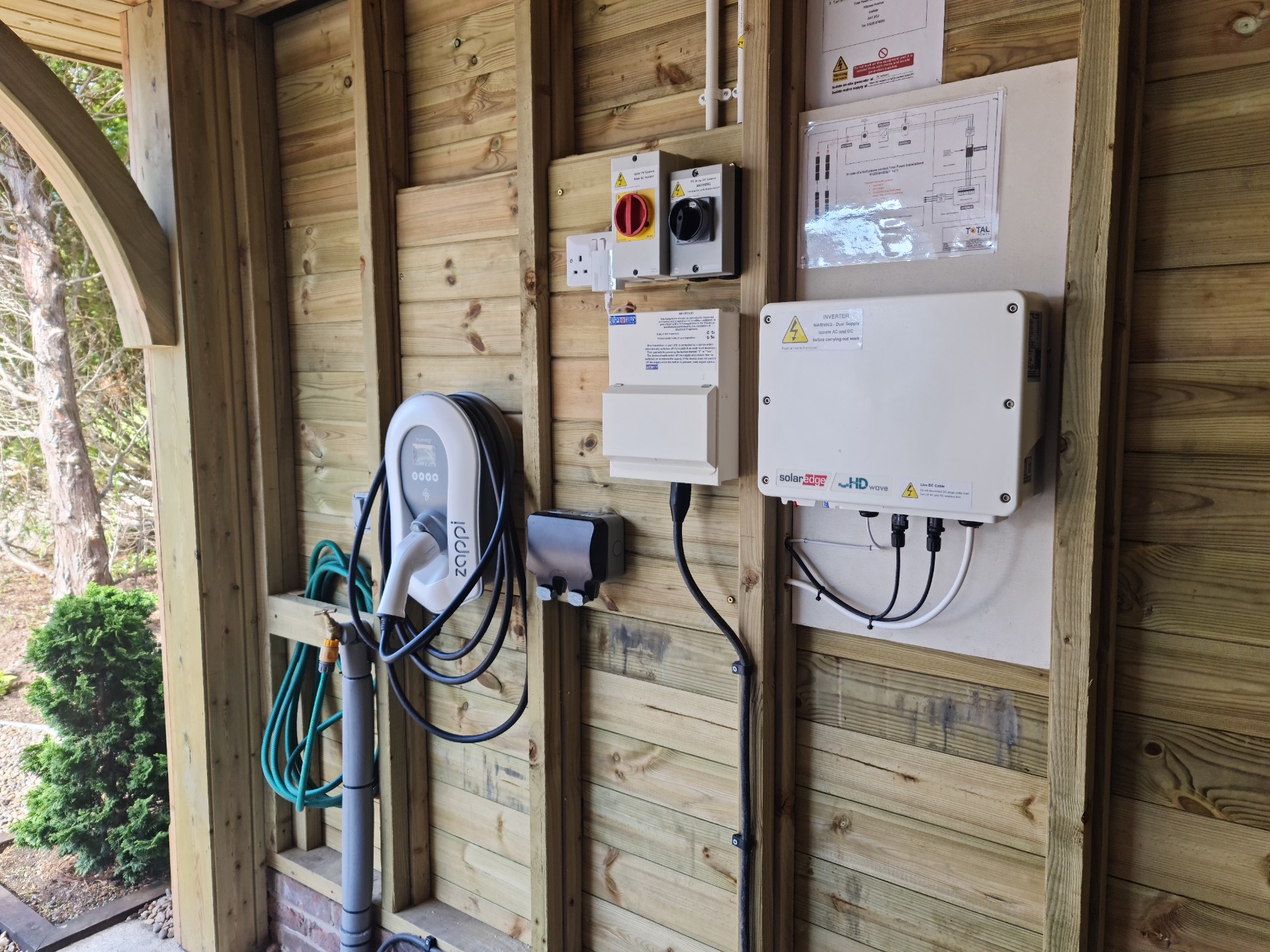 Solar inverter and electrical components mounted inside a wooden enclosure, with charging cables and warning labels.
